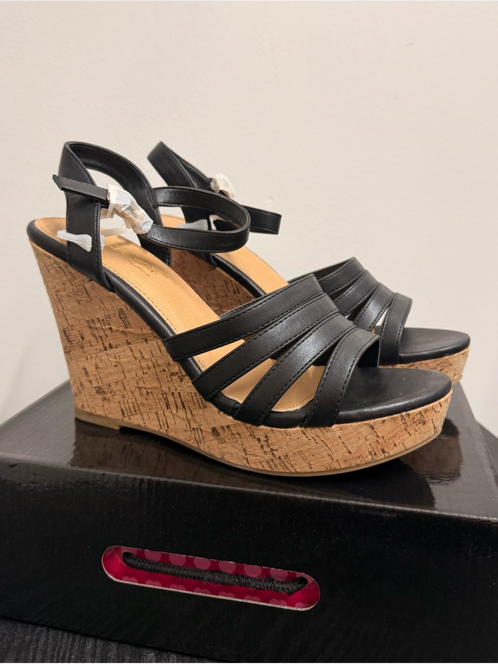 Black Cork Wedge Sandals - Women